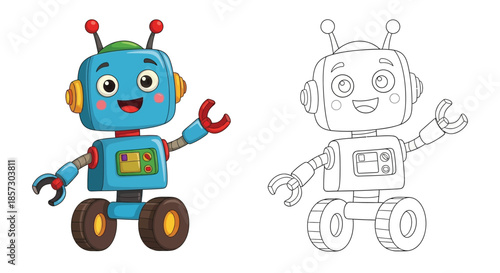 Joyful Robot in Action: A charming and vibrant illustration of a friendly robot, set against a bright, engaging backdrop, bringing a sense of technological wonder and imagination. 
