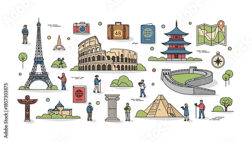 World Famous Landmarks and Travel Icons Set - Flat Design