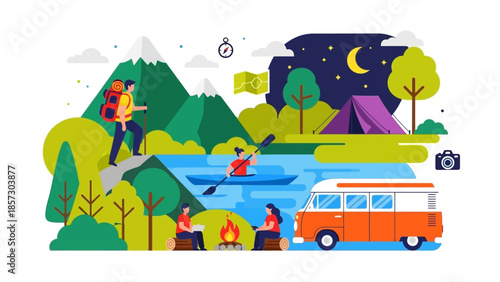 Outdoor Adventure Scene: Camping, Hiking, Kayaking, and Van Life in Nature