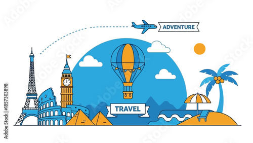Global Travel Adventure: Landmarks, Hot Air Balloon, Plane, Beach Vacation Icons