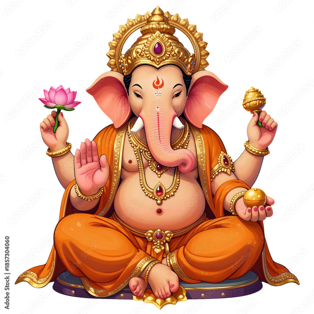 Fototapeta premium Illustration of deity with elephant head seated holding lotus and gold items