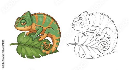 Coloring Book Chameleon: A vibrant illustration showcases a detailed chameleon gracefully perched on a leafy branch, accompanied by its line art counterpart for creative coloring.