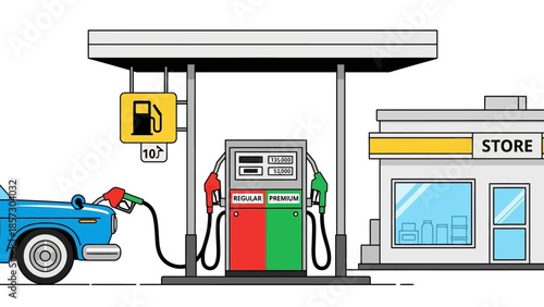 Gas Station Refueling Car and Store - Flat Design Illustration
