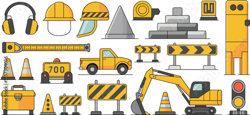 Construction safety tools and heavy machinery icons set, flat vector illustration for road work, engineering, industrial equipment collection design assets