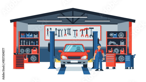 Car Repair Garage with Mechanic, Tools, Car Lift and Red Car