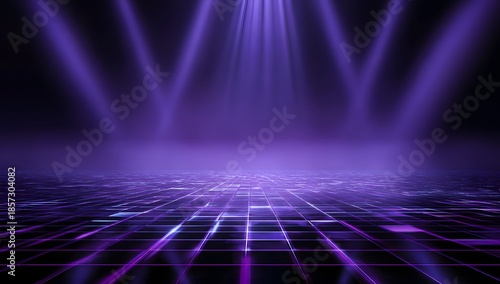 Dramatic stage lighting with vibrant purple beams illuminating a textured reflective surface creating an atmospheric and futuristic visual effect