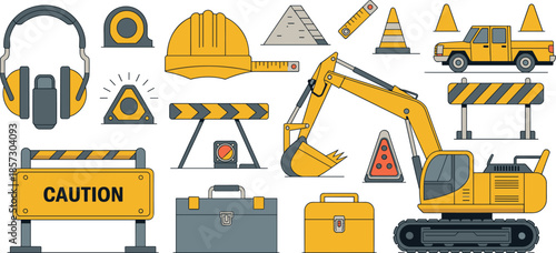 Construction safety tools and heavy machinery icons set, flat vector illustration for road work, engineering, industrial equipment collection design assets