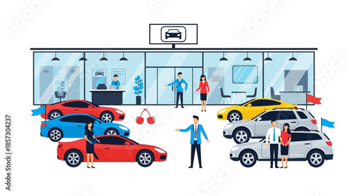 Car Dealership Showroom with Customers and Salespeople, New Cars for Sale