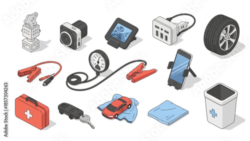 Car Accessories and Emergency Kit - Isometric Vector Icons Set