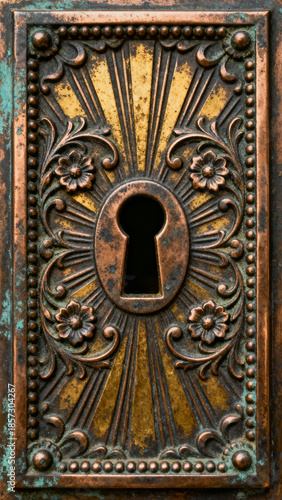 A close-up reveals an ornate keyhole with intricate design in metallic details, evoking a sense of mystery and heritage. The artistry showcased speaks volumes about the craftsmanship.