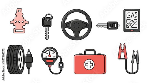 Car Accessories and Essentials Icon Set - Driving and Safety Tools Collection