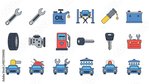 Car Repair Service Icons: Tools, Auto Parts, Mechanic, Maintenance, Wash