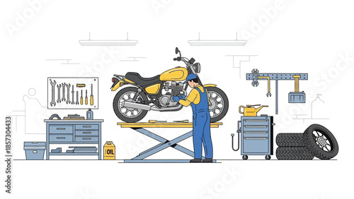 Motorcycle Mechanic Working on Yellow Bike in Repair Shop
