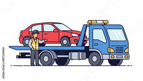 Tow Truck Operator Loading Red Car onto Flatbed with Assistance