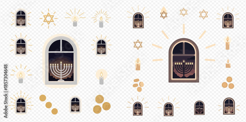 Hanukkah celebration set with menorah in window, candles, and Star of David.