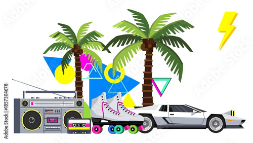 Retro 80s Vibes: Boombox, Roller Skates, Sports Car, Palm Trees, Geometric Shapes