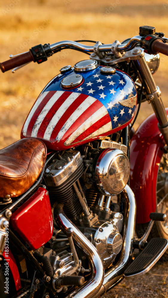 Fototapeta premium A meticulously customized motorcycle, adorned with a patriotic American flag design on its fuel tank, gleaming chrome, leather seat, evokes a sense of freedom and adventure.