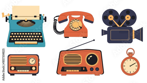 Retro communication devices: typewriter, rotary phone, film camera, radios, pocket watch