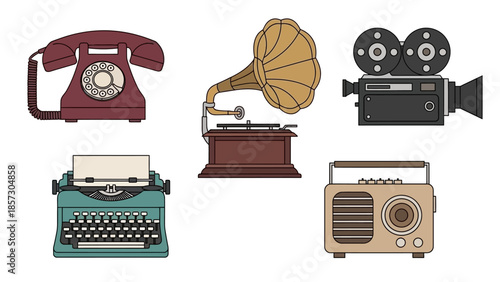 Vintage Technology Collection: Gramophone, Rotary Phone, Typewriter, Camera, Radio