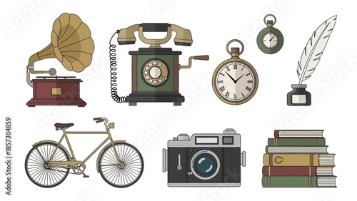 Vintage Objects Collection: Gramophone, Phone, Bicycle, Camera, Books, Watches, Quill Pen