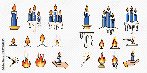Set of various pixel art candle icons, including burning flames, melting wax, and lit matches, for digital design and games.
