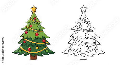 Festive Christmas Trees: Festive illustration of Christmas tree, ready to celebrate the holiday with twinkling lights, and ornaments.