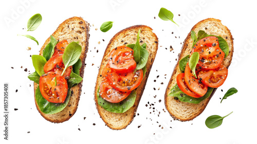 Fresh tomato spinach bruschetta toasts healthy vegetarian snack gourmet appetizer food photography isolated overhead composition on white background