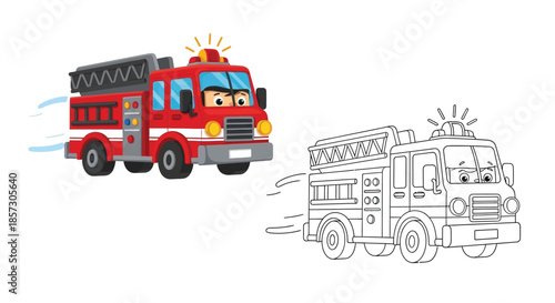 Fire Truck Illustration: A vibrant illustration depicts a friendly fire truck rushing to the rescue, showcasing detailed cartoon aesthetics.
