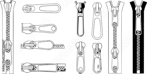 zipper pullers vector illustration zip heads, zipper sliders flat sketch
