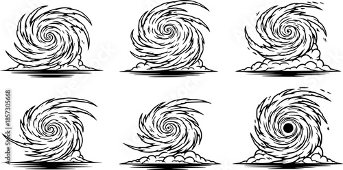 set of Dynamic swirls illustrate the evolution of a cyclone in a dramatic weather phenomenon depiction , vector set