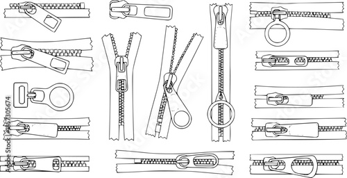zipper pullers vector illustration zip heads, zipper sliders flat sketch
