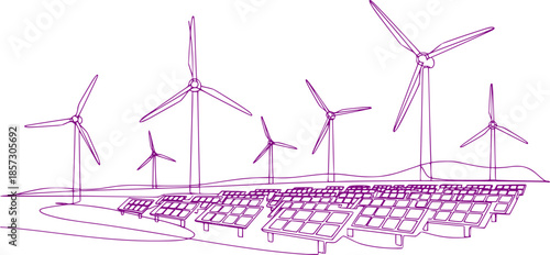 Single continuous line drawing of Renewable energy windmills and solar panels. Energy industrial Modern single line draw design vector graphic illustration