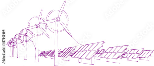 Single continuous line drawing of Renewable energy windmills and solar panels. Energy industrial Modern single line draw design vector graphic illustration