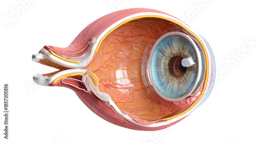 Detailed human eye anatomy cross section medical illustration ophthalmology science education 3D render isolated on white background