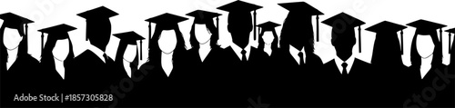 Silhouettes of students with graduate caps in a row isolated on white panoramic background. Class of 2025 2026 graduation ceremony at university web banner.