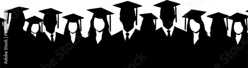 Silhouettes of students with graduate caps in a row isolated on white panoramic background. Class of 2025 2026 graduation ceremony at university web banner.