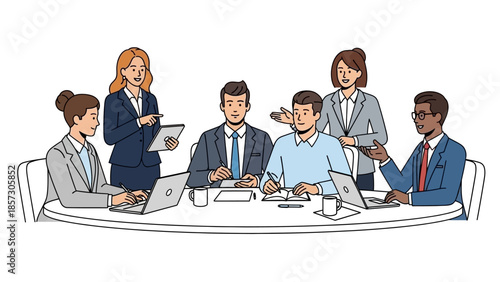 Diverse team meeting, brainstorming ideas around a conference table with laptops.