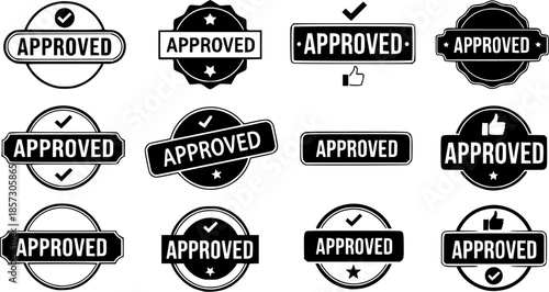 Approved stamp vector set in black color. Suitable for apps and website UI designs
