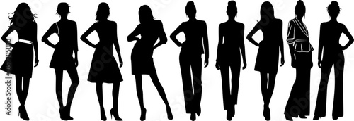 Silhouette collection of female fashion models in different poses standing in row, stylish women figure set for elegance, beauty and fashion design
