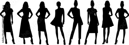 Silhouette collection of female fashion models in different poses standing in row, stylish women figure set for elegance, beauty and fashion design
