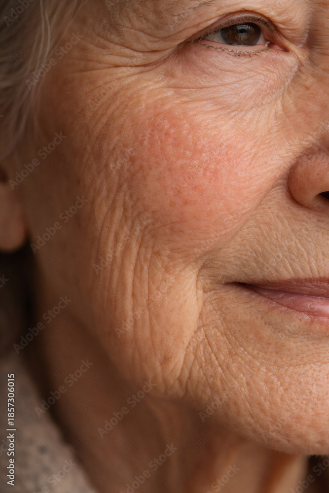 Obraz premium A close-up image capturing the right side of a mature woman's face, her skin revealing the intricate beauty and texture of aging.