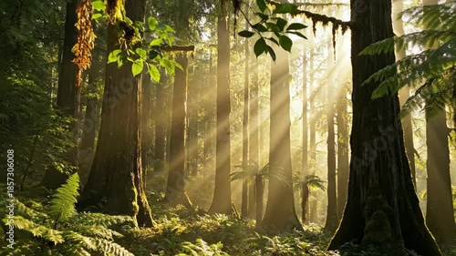 Static wide shot capturing the intense atmospheric glow of light shafts streaming vertically through dense, humid forest air and deep green foliage lush, fog, woods
