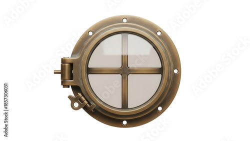Antique brass porthole window isolated PNG on transparent background, nautical ship window with glass and metal frame for marine design