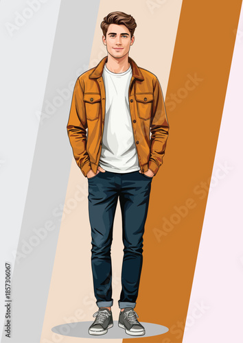 057-28-Young man wearing a brown jacket with a white t-shirt and blue jeans, hands in pockets