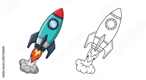 Rocket Blastoff: A cartoon rocket launching into space, with flames and smoke billowing, offering a sense of adventure and the potential of space exploration.