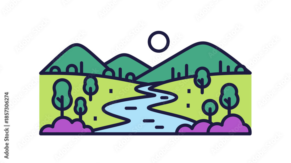 Obraz premium Stylized Mountain Landscape with Winding River and Trees - Flat Design