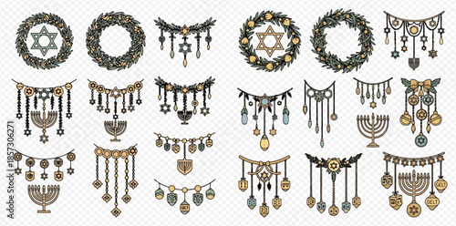 Set of Jewish holiday decorations, including wreaths with Star of David and menorahs, on a transparent background.