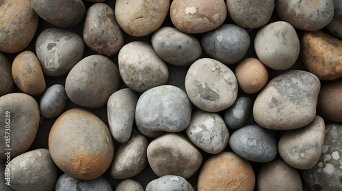 Close-up view of smooth, rounded river pebbles in various natural colors forming a textured background.