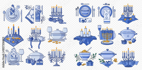 Set of Hanukkah celebration elements including menorahs, candles, dinnerware, and traditional food items.