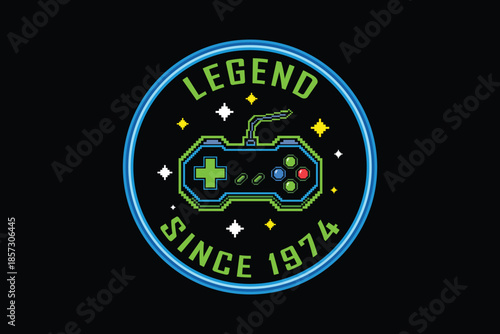 Retro gaming badge with controller and legend text